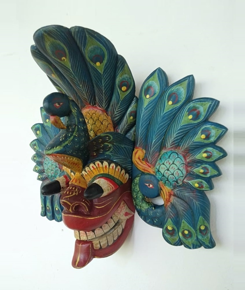 1 - Copy Sri Lankan Traditional Mask Mayura Raksha, Peacock Devil Mask, Peacock Demon mask,Wooden Mask, mask wall decor, Wall Hangings mask,Tiki mask